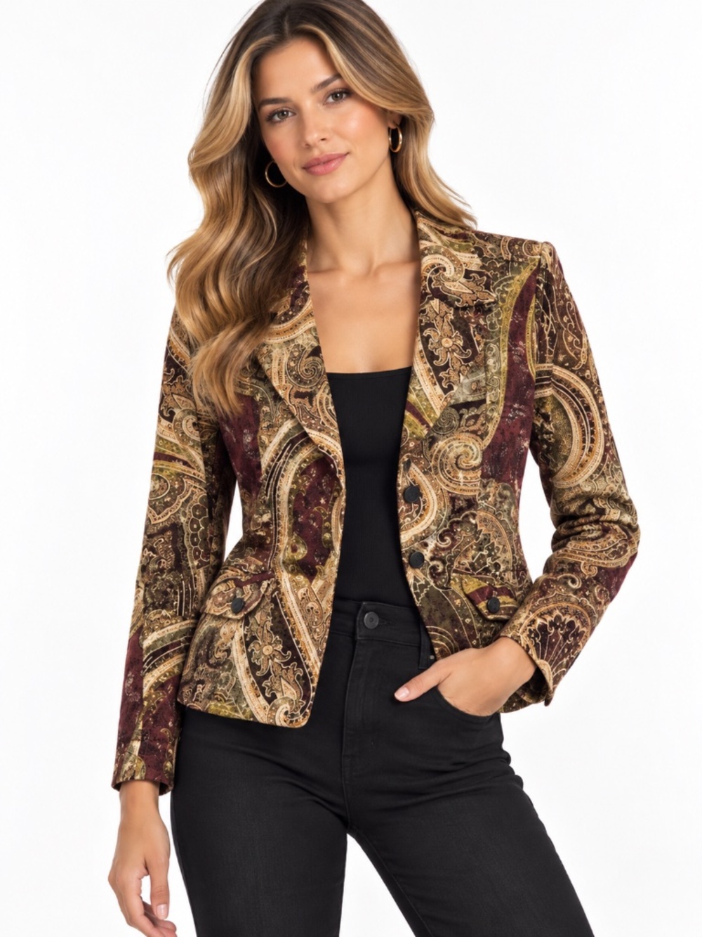 Chico’s Paisley Blazer Burgundy Gold Print Tailored Button Jacket Women’s S